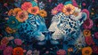Two jaguars with flower crowns, facing each other with a dark floral background.