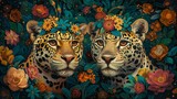Fototapeta  - Two jaguars with flower crowns made of orange, yellow, white, and blue flowers. The jaguars are surrounded by a dark background with brightly colored flowers and leaves.