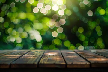 Wall Mural - Green bokeh on wooden table with blurred abstract background