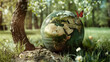Environmental Protection: Earth-like sphere, ball, butterfly, in a forest, on the ground amidst a green forest, with detailed continental shapes resembling a vintage globe