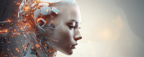 Wall Mural - profile of a cybernetic humanoid with a translucent head, exposing intricate internal wiring and glo