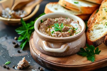 Canvas Print - Homemade chicken liver pate in bowl with bread selective focus