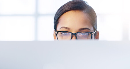 Aufkleber - Office, glasses and computer for news, woman and vision for typing, job and journalist in agency. Reporter, laptop and internet in workplace, article or story for company, email and female employee