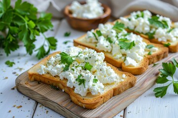 Poster - Homemade toast with cottage cheese and parsley on white board