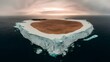 A large ice island surrounded by ocean, in the middle of the island there is a desert. the view from top in wide angel camera