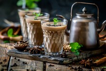 Indian Chai In Traditional Glasses With Kettle Spices And Tea Leaves On Dark Wooden Background Retro Cafe Restaurant Hotel Vibes