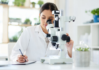 Aufkleber - Scientist, microscope and writing in lab with research for sample analysis, medical experiment and DNA test. Science, woman and expert with tech equipment for gene editing or healthcare breakthrough