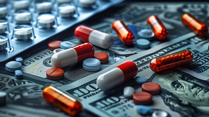 Various pills scattered on US dollar bills.