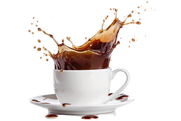 Coffee splashed out of the cup and floated in the air.
isolated on white background