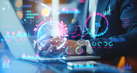 Poster - Businessman using laptop, big business data research. Ai generative illustration