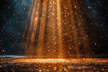 Poster - A mesmerizing scene depicting golden sparkles falling gently in a dark, atmospheric setting, conveying a magical essence