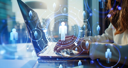 Poster - Woman typing on laptop computer, people icons and hr. Ai generative illustration