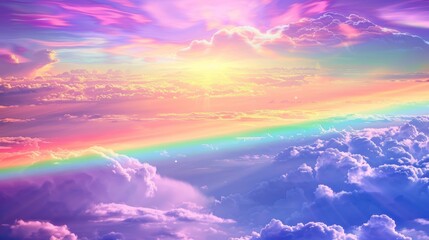 Sticker - rainbow in the sky fluffy shining clouds , cotton, pink purple pastel colors