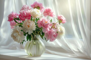 Wall Mural - Delicate and elegant peonies arranged in a clear glass vase, accentuated by soft backlighting