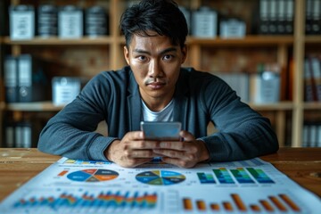 Poster - A serious young man stares intently at his smartphone over a table covered with colorful data charts and graphs