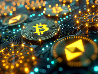 Poster - Bitcoin and Ethereum coins on a circuit board illuminated with orange and blue lights, symbolizing cryptocurrency and blockchain technology. Generative AI