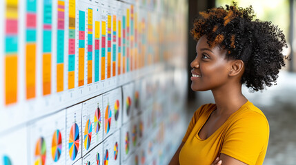 Poster - A woman observes colorful diagrams and charts, likely representing business or startup data, on a light wall background, embodying the concept of analysis. Generative AI