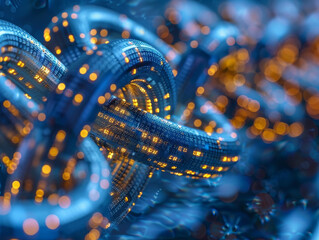 Poster - Digital representation of a blockchain concept with sparkling lights on a blue background, symbolizing network security and cryptocurrency. Generative AI