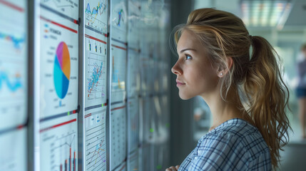 Poster - A businesswoman analyzing various diagrams and charts, concept of business analytics, indoors, light, Generative AI.