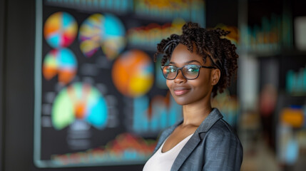 Poster - A woman wearing glasses standing before colorful pie charts and bar graphs, signifying business analysis. Generative AI