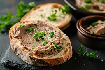 Wall Mural - Liver pate spread on baguette with parsley bowl nearby Dark background close up