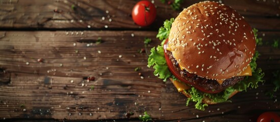 Wall Mural - Burger made at home placed on the wooden table.