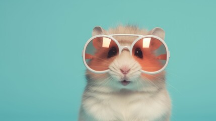 Wall Mural - Hamster in sunglass shade glasses on solid pastel background, advertisement, surreal surrealism