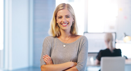 Aufkleber - Creative, happy and portrait of girl in office for internship as secretary for company, admin work and tasks. Female employee, confident and working or part time for administration at designer agency