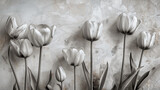 Fototapeta Młodzieżowe - Panel Wall Art, Travertine Marble with Minimalist Tulip Designs