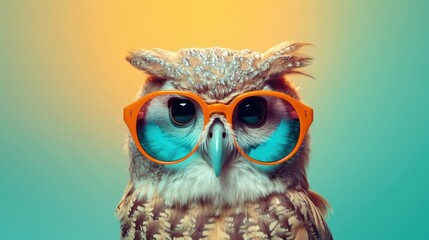 Wall Mural - Owl bird in sunglass shade glasses isolated on solid pastel background, advertisement, surreal surrealism