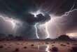 Spectacular display of lightning illuminating a dark cloudy sky over a desert landscape, generated with AI.