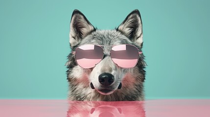 Wall Mural - Wolf in sunglass shade glasses isolated on solid pastel background, advertisement, surreal surrealism