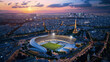 view over the city Paris and football stadium on the Eiffel Tower background, France.