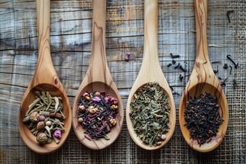 Wall Mural - Top view of dry tea in wooden spoons