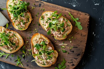 Wall Mural - Top view of duck rillettes pate on sprout topped toasts on wooden board dark background