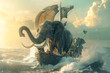 Elephants sail on a ship across an ocean. Surreal artwork.