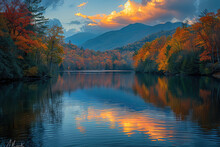High Resolution Photo Of The Blue "Tah Tvic Lake" In North Carolina During Fall With Beautiful Colorful Trees And Mountains In The Background With Clouds Reflecting On The Water At Sunset. 