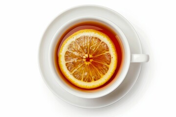 Poster - Top view of hot earl grey tea with lemon slice on white background clipping path included