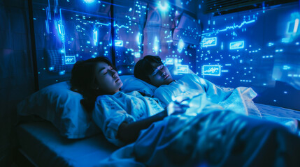 Poster - a woman and a man are sleeping in a bed with a blue background. the room is illuminated with blue li