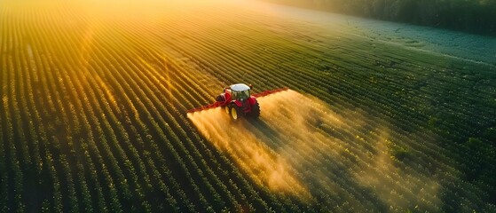 Wall Mural - Sunlit Fields: Tractor's Dawn Dance with Pesticides. Concept Agricultural Spectacle, Organic Farming Practices, Morning Harvest, Farming Equipment Maintenance