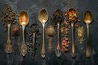 Various types of tea and antique spoons on a dark backdrop