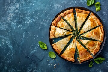 Poster - Vegetarian or vegan spinach pie on blue background Recipe and inspiration for delicious spanakopita Flat lay view