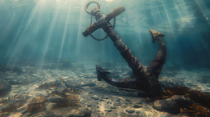 Wall Mural - A rusty anchor is sitting on the sand at the bottom of the ocean. The sunlight is shining on it, making it look like a piece of art