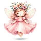 A cute watercolor illustration of a fairy wearing a pink dress and a flower crown.