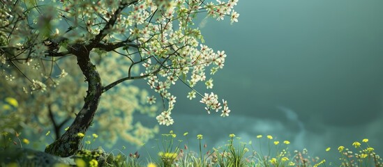  A tree with blossoms against a natural backdrop, showcasing spring flowers.