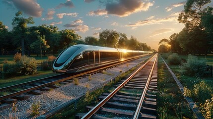 Aufkleber - A high-tech railway track amidst a green landscape. The train features sleek design, advanced technology, and eco-friendly features. Generative AI.
