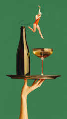 Poster. Contemporary art collage. Swimmer jumps from wine bottle diving to cocktail glass against green background. Concept of food and drink, vegetarian, vitamins, energy, nutrition. Ad