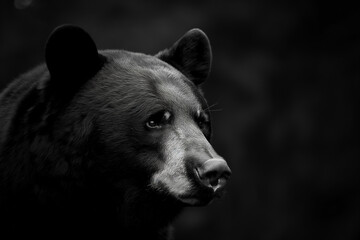 Wall Mural - A black bear's profile is captured in stunning detail against a dark backdrop, highlighting the quiet intensity of this majestic creature.