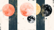A painting of four different colored moons, with one of them being red