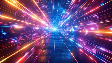 Poster - Abstract background with neon light rays and colorful shapes, colorful color scheme, glowing effect, symmetrical composition, high contrast lighting, sharp edges. Generative AI.